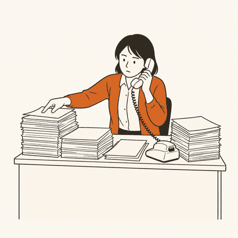 書類の山を前に催促の電話をかける担当者のイラスト