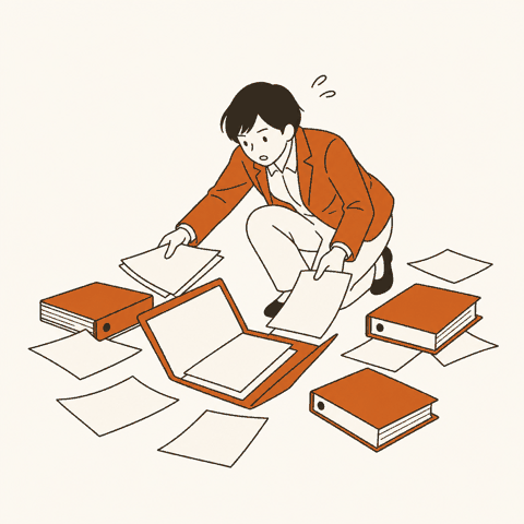散らばった書類とバインダーをかき集める担当者のイラスト